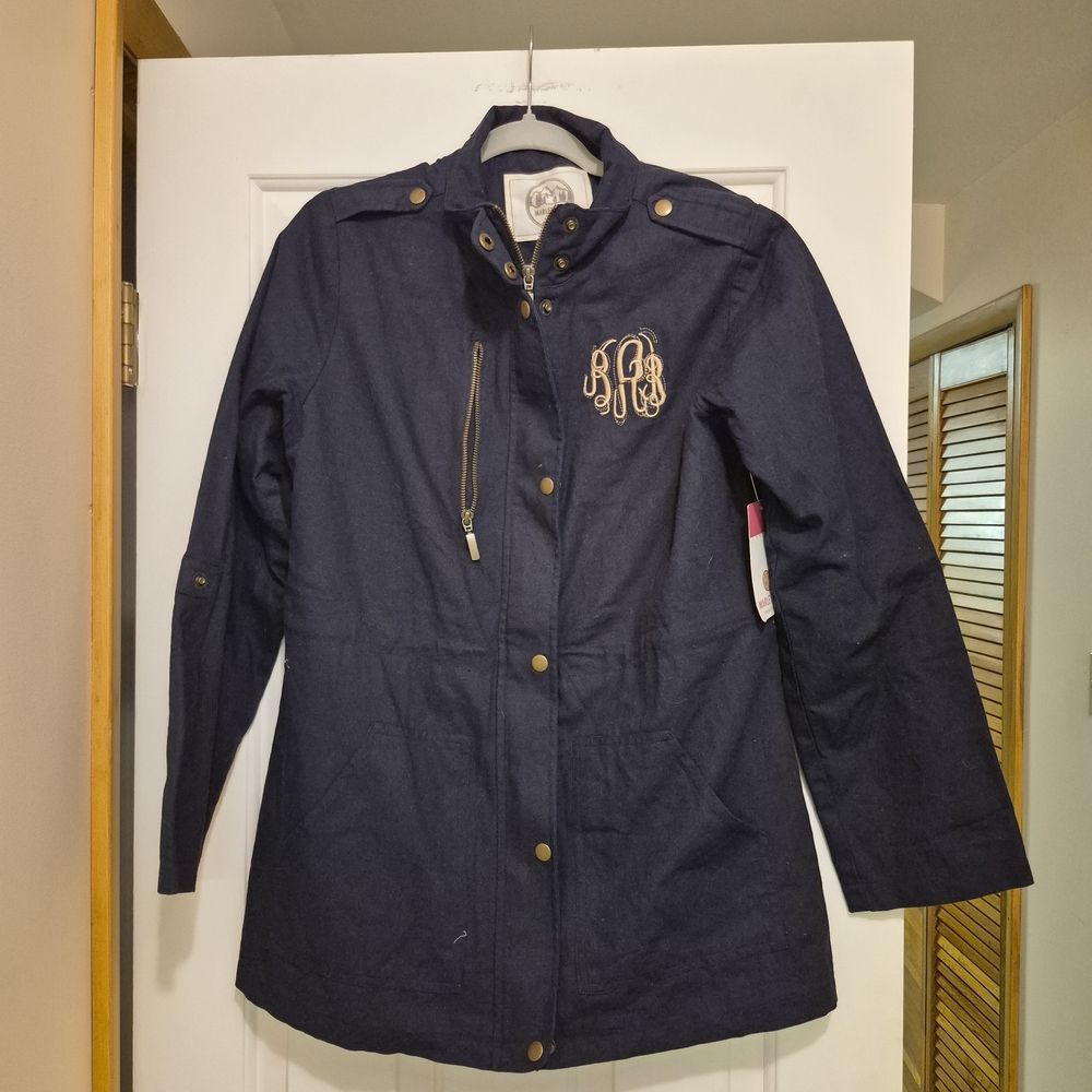 Marleylilly Navy Blue Monogrammed Field Jacket Womens Large Cotton Utility Coat
